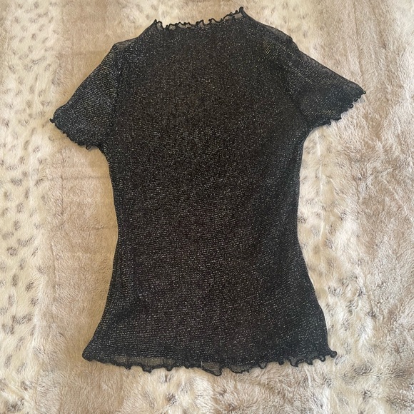 Size Small Women's Sheer Black Mesh Lettuce Trim Glitter Short Sleeve Top - Picture 3 of 16